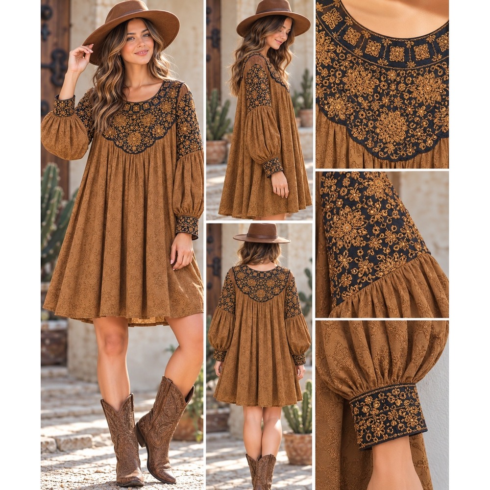 Vintage Style Embroidered Boho Tunic Dress Brown Gold Floral Jacquard Large
